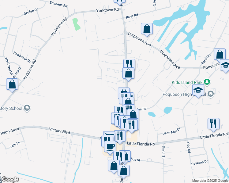 map of restaurants, bars, coffee shops, grocery stores, and more near 45 North Valasia Road in Poquoson