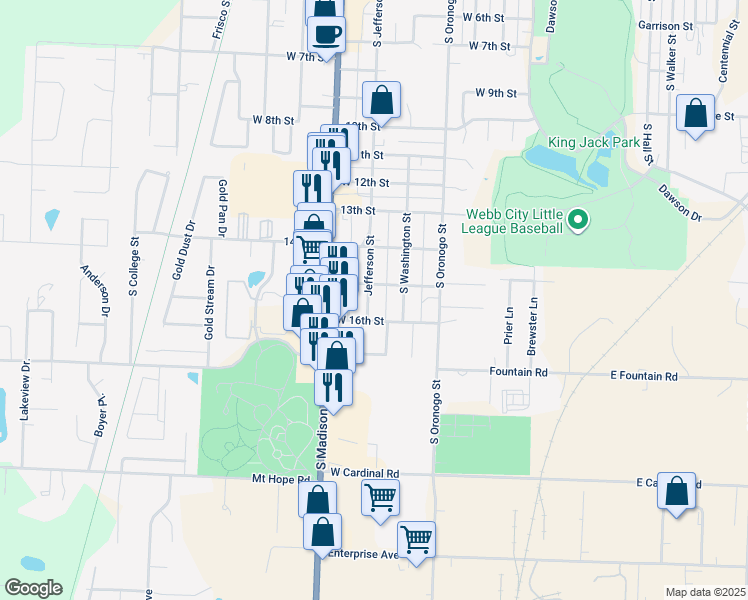 map of restaurants, bars, coffee shops, grocery stores, and more near 1515 South Jefferson Street in Webb City