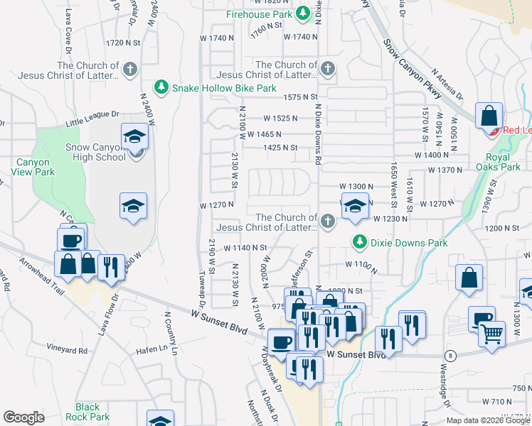 map of restaurants, bars, coffee shops, grocery stores, and more near 1225 North Dixie Downs Road in St. George