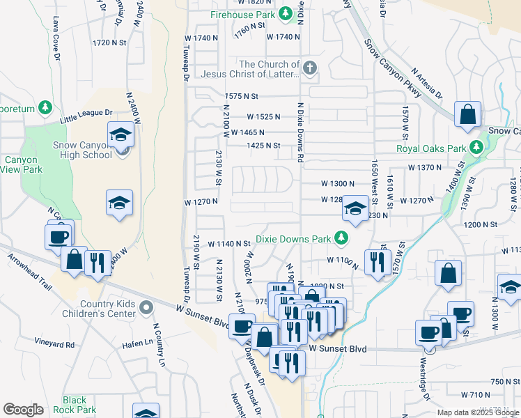 map of restaurants, bars, coffee shops, grocery stores, and more near 1225 North Dixie Downs Road in St. George