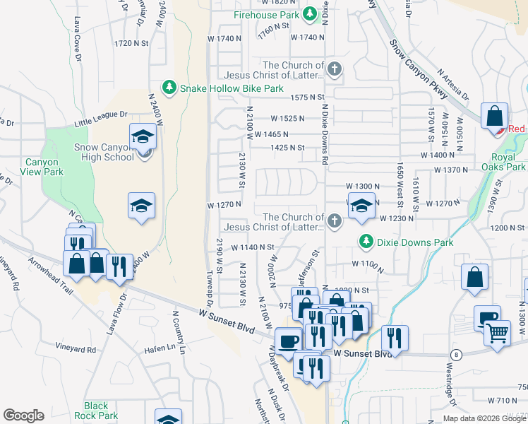 map of restaurants, bars, coffee shops, grocery stores, and more near 1225 North Dixie Downs Road in St. George