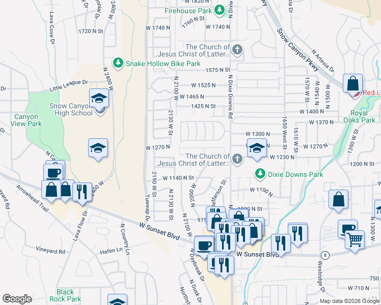 map of restaurants, bars, coffee shops, grocery stores, and more near 1225 North Dixie Downs Road in St. George