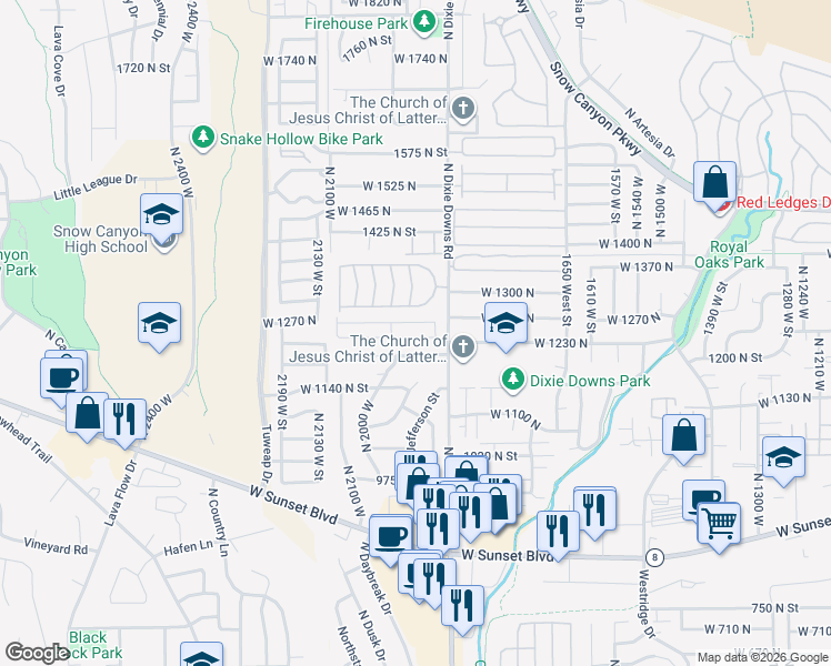 map of restaurants, bars, coffee shops, grocery stores, and more near 1942 West 1200 North in St. George