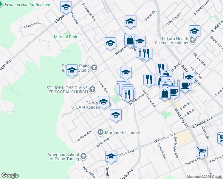 map of restaurants, bars, coffee shops, grocery stores, and more near 310 Colleen Court in Morgan Hill