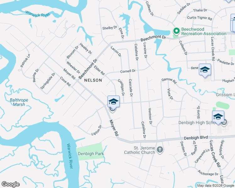map of restaurants, bars, coffee shops, grocery stores, and more near 860 Elder Road in Newport News