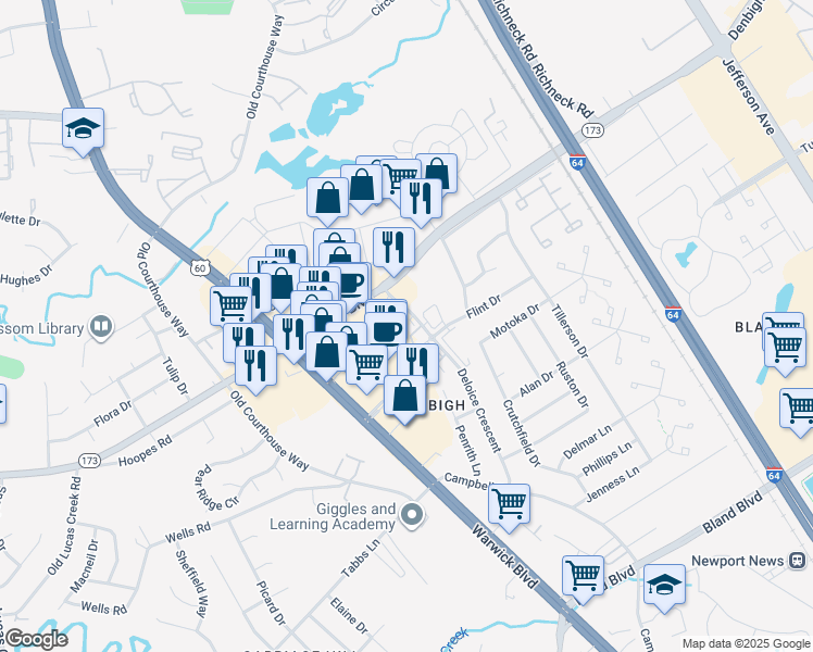 map of restaurants, bars, coffee shops, grocery stores, and more near 14353 Deloice Crescent in Newport News