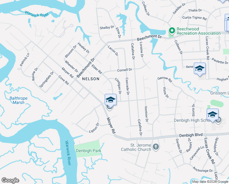 map of restaurants, bars, coffee shops, grocery stores, and more near 860 Elder Road in Newport News