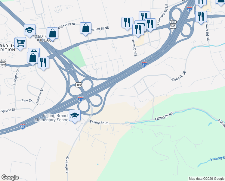 map of restaurants, bars, coffee shops, grocery stores, and more near Interstate 81 in Christiansburg