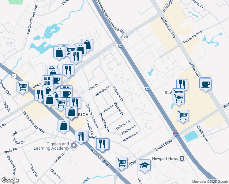 map of restaurants, bars, coffee shops, grocery stores, and more near 53 Tillerson Drive in Newport News