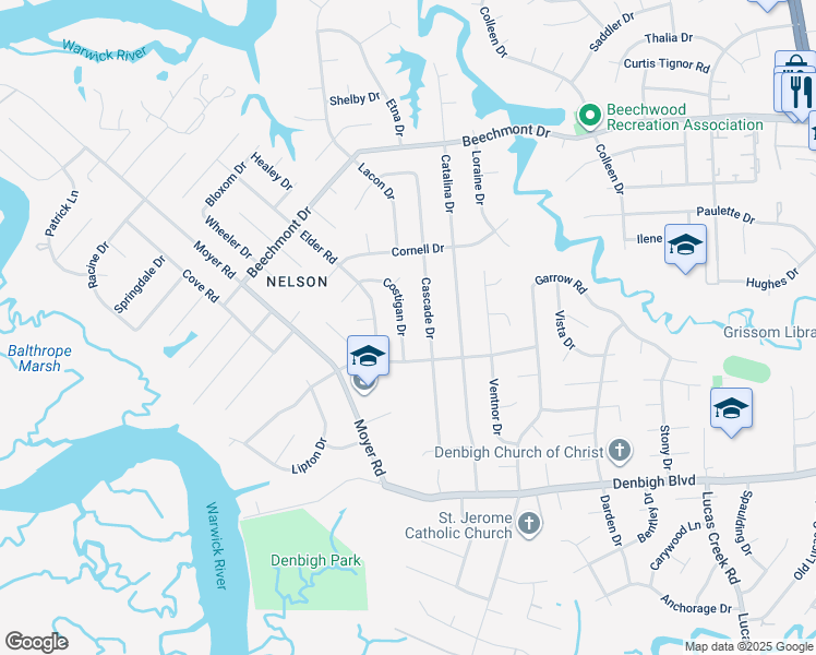 map of restaurants, bars, coffee shops, grocery stores, and more near 860 Costigan Drive in Newport News