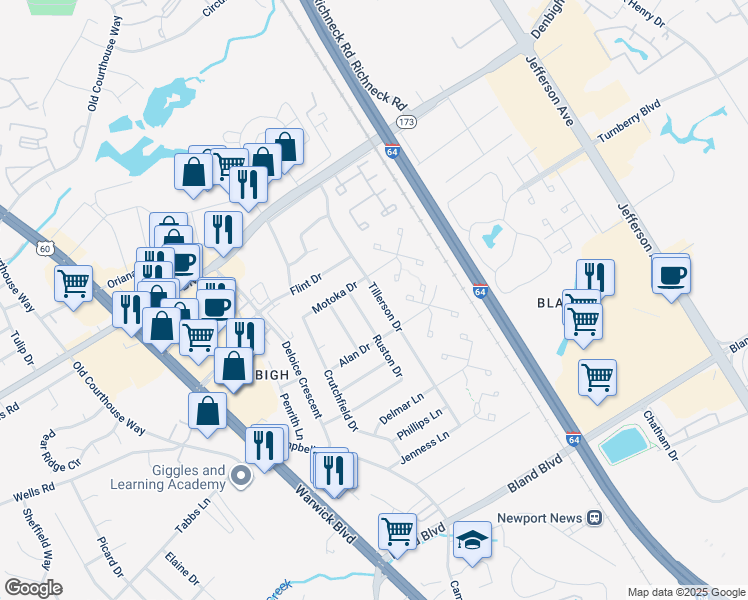 map of restaurants, bars, coffee shops, grocery stores, and more near 53 Tillerson Drive in Newport News