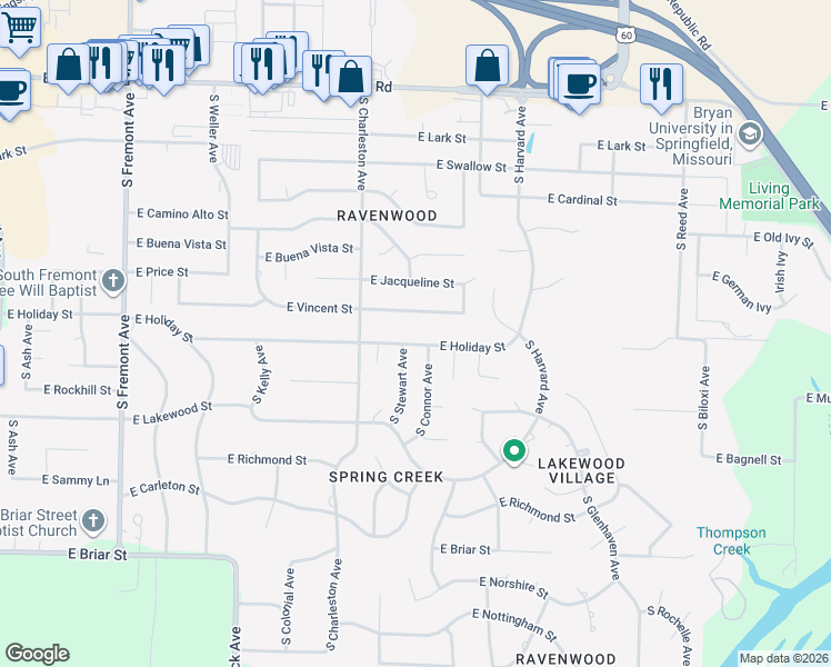 map of restaurants, bars, coffee shops, grocery stores, and more near 1913 E Holiday St in Springfield