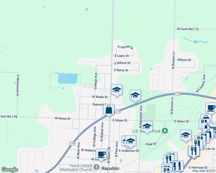 map of restaurants, bars, coffee shops, grocery stores, and more near 912 North Walnut Avenue in Republic