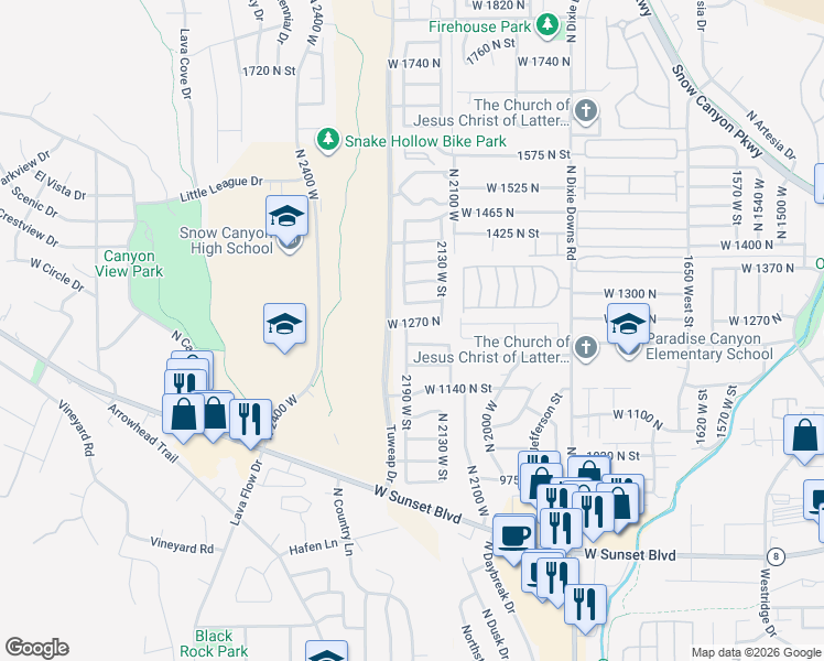 map of restaurants, bars, coffee shops, grocery stores, and more near 2183 West 1270 North in St. George