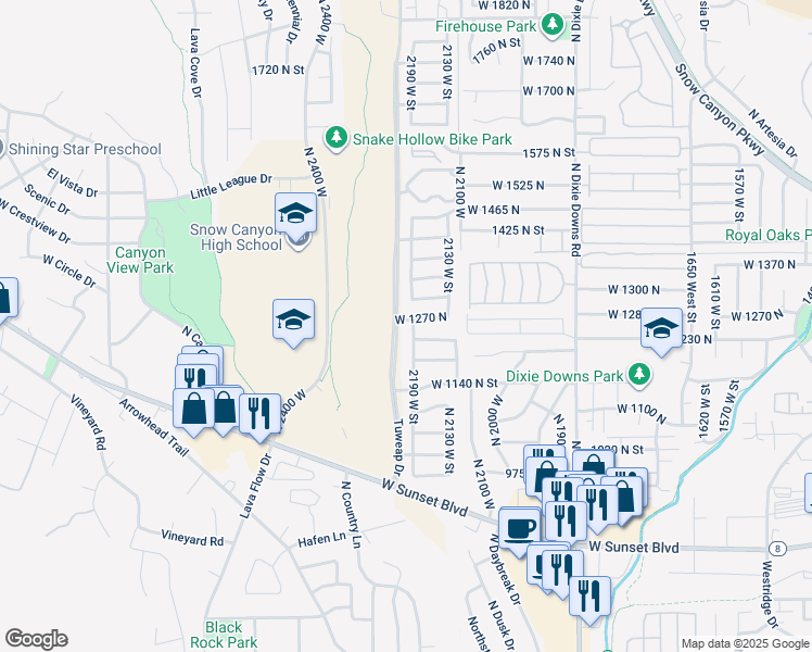 map of restaurants, bars, coffee shops, grocery stores, and more near 1259 North 2190 West in St. George