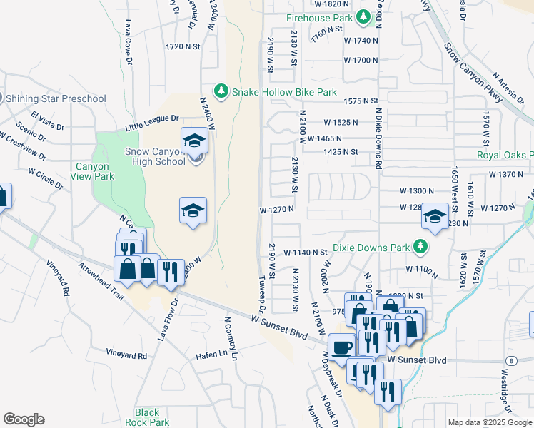 map of restaurants, bars, coffee shops, grocery stores, and more near 1259 North 2190 West in St. George