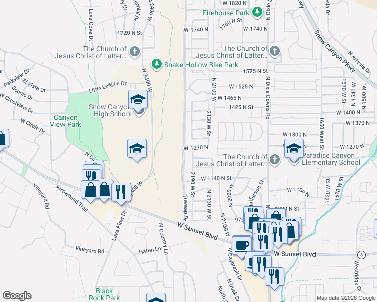 map of restaurants, bars, coffee shops, grocery stores, and more near 1235 North 2190 West in St. George