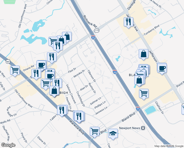 map of restaurants, bars, coffee shops, grocery stores, and more near 48 Tillerson Drive in Newport News