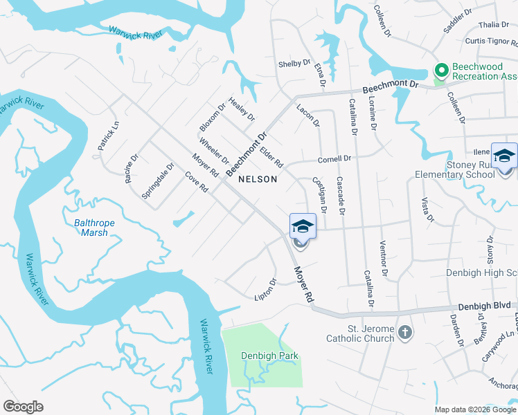 map of restaurants, bars, coffee shops, grocery stores, and more near 98 Waterview Drive in Newport News