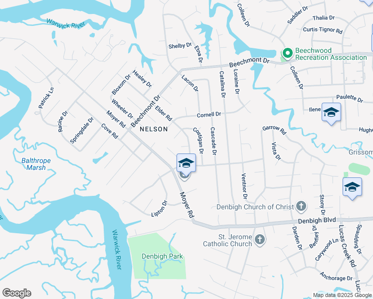 map of restaurants, bars, coffee shops, grocery stores, and more near 174 Queensbury Court in Newport News