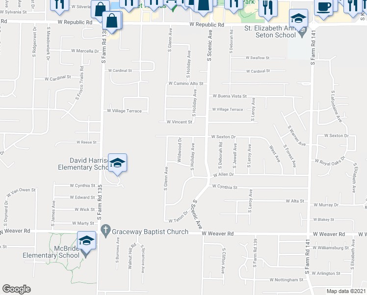 map of restaurants, bars, coffee shops, grocery stores, and more near 4648 Wildwood Drive in Springfield