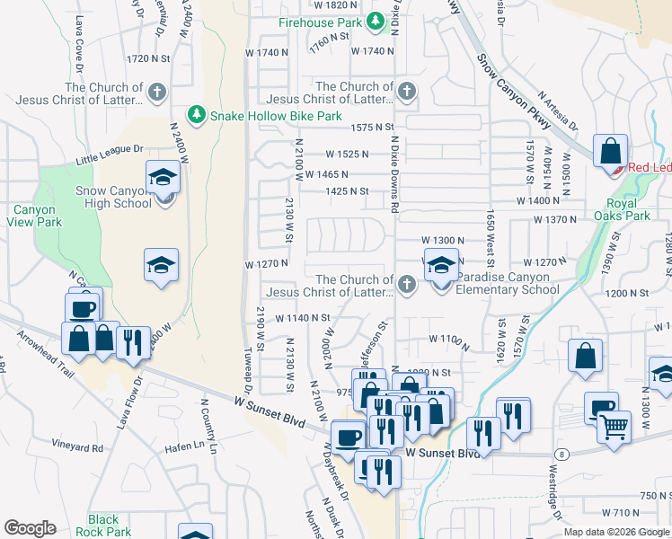 map of restaurants, bars, coffee shops, grocery stores, and more near 1225 North Dixie Downs Road in St. George