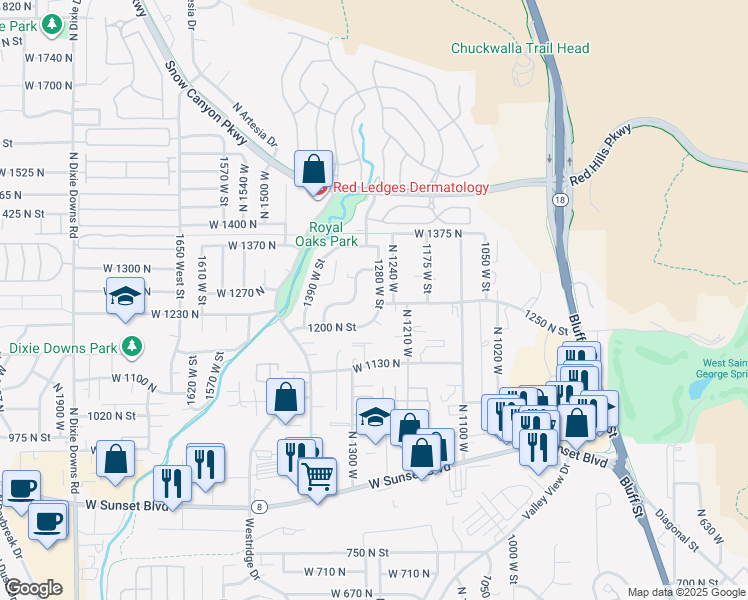 map of restaurants, bars, coffee shops, grocery stores, and more near 1255 North 1280 West in St. George