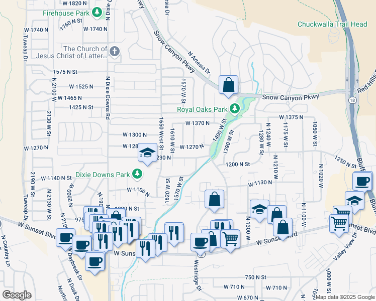 map of restaurants, bars, coffee shops, grocery stores, and more near 1553 West 1270 North in St. George