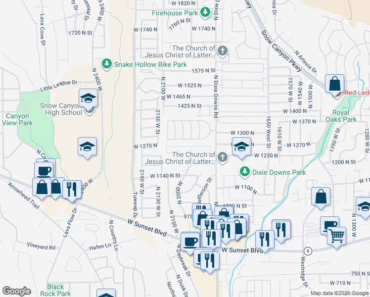 map of restaurants, bars, coffee shops, grocery stores, and more near 1225 North Dixie Downs Road in St. George