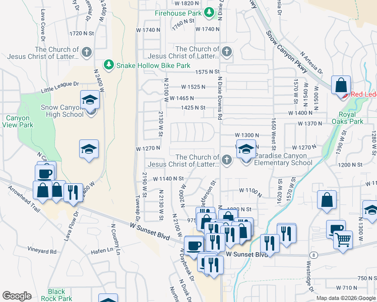 map of restaurants, bars, coffee shops, grocery stores, and more near 1225 North Dixie Downs Road in St. George