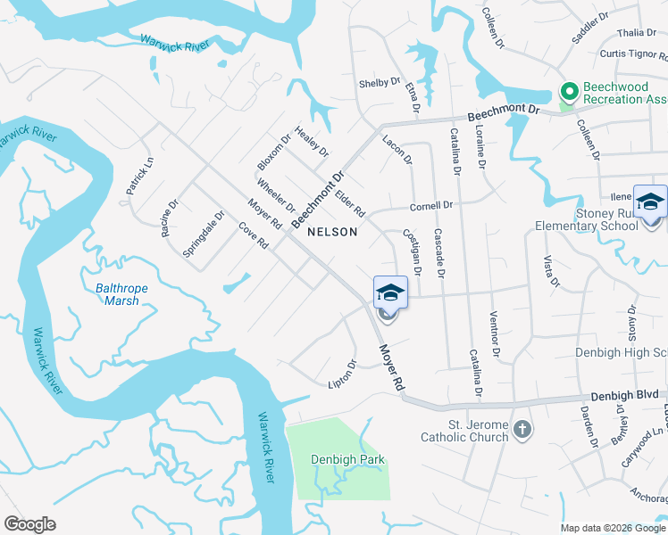 map of restaurants, bars, coffee shops, grocery stores, and more near 98 Waterview Drive in Newport News