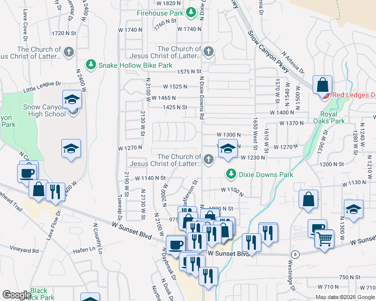 map of restaurants, bars, coffee shops, grocery stores, and more near 1942 West 1200 North in St. George