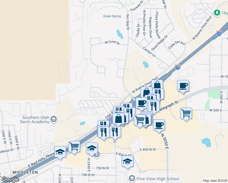map of restaurants, bars, coffee shops, grocery stores, and more near 1050 West Red Hills Parkway in Washington