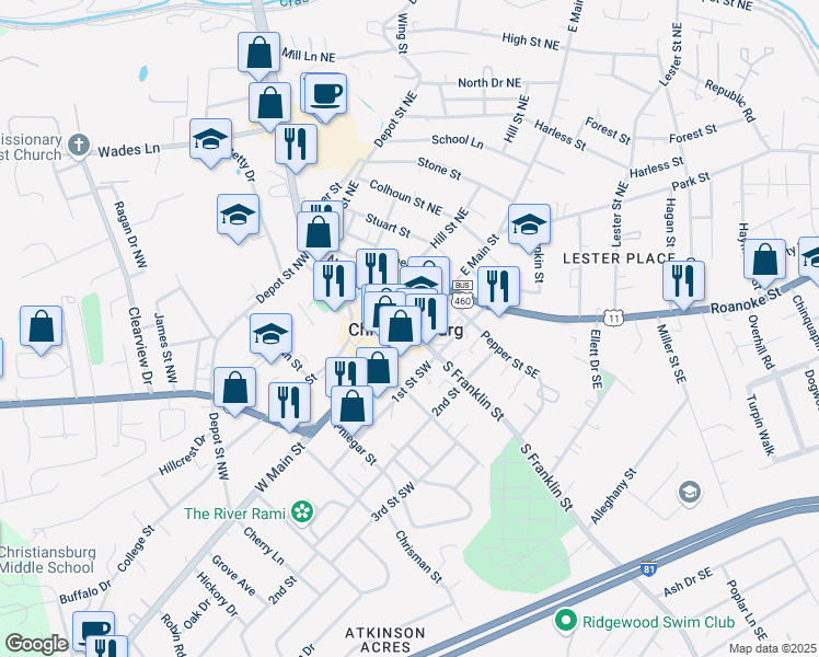 map of restaurants, bars, coffee shops, grocery stores, and more near 2 South Franklin Street in Christiansburg