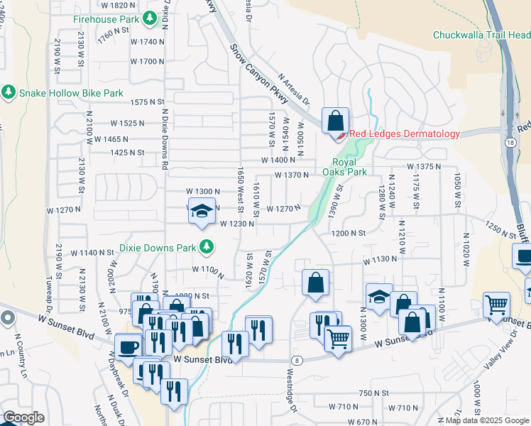 map of restaurants, bars, coffee shops, grocery stores, and more near 1589 West 1270 North in St. George