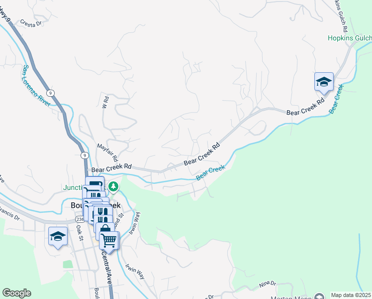 map of restaurants, bars, coffee shops, grocery stores, and more near 111 View Drive in Boulder Creek