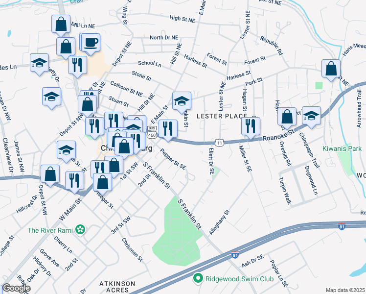 map of restaurants, bars, coffee shops, grocery stores, and more near 210 Pepper Street South in Christiansburg