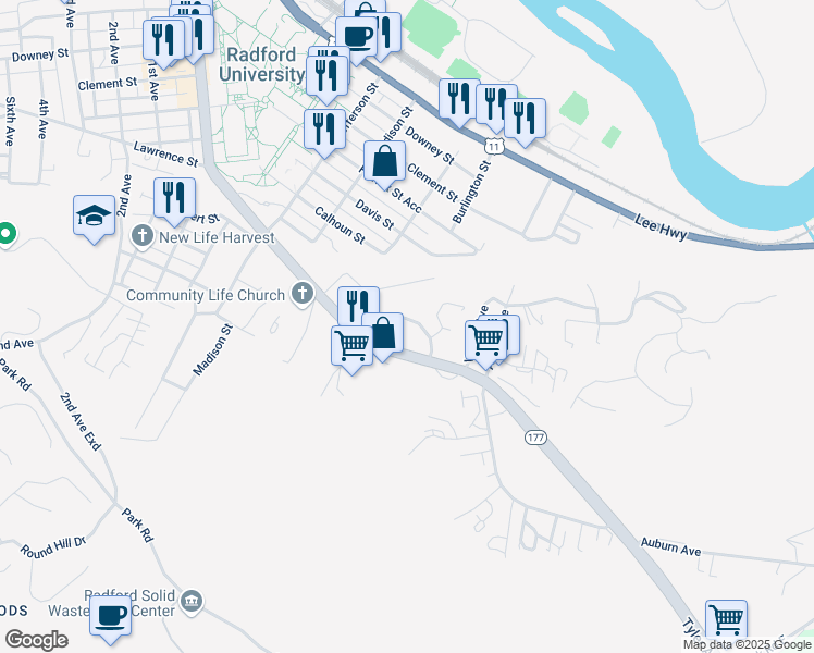 map of restaurants, bars, coffee shops, grocery stores, and more near 1202 Milton Lane in Radford
