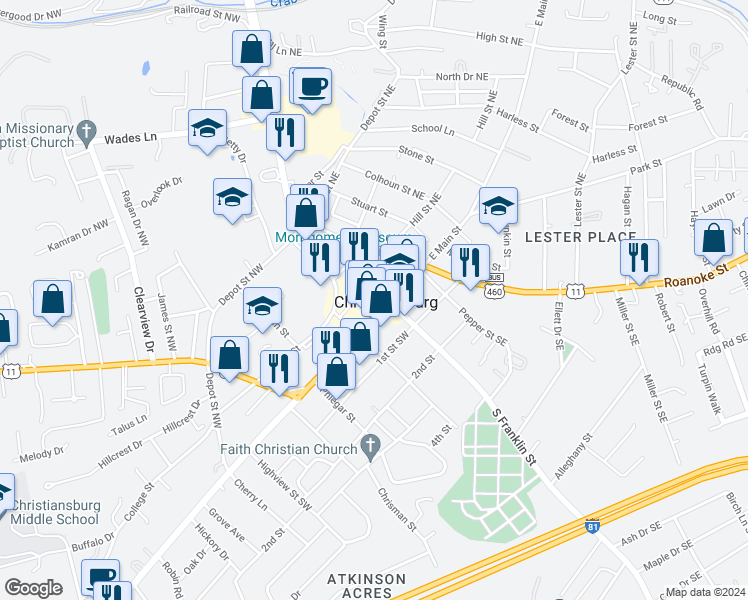 map of restaurants, bars, coffee shops, grocery stores, and more near 50 North Franklin Street in Christiansburg