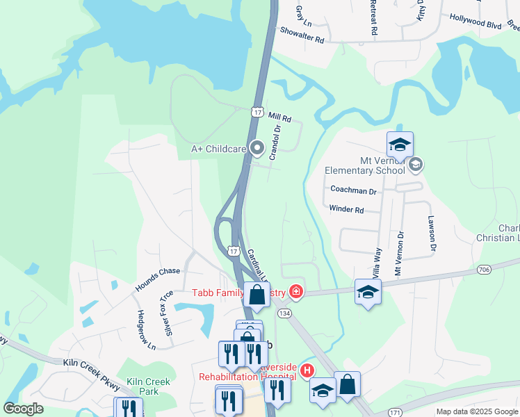 map of restaurants, bars, coffee shops, grocery stores, and more near 152 Cardinal Lane in Yorktown