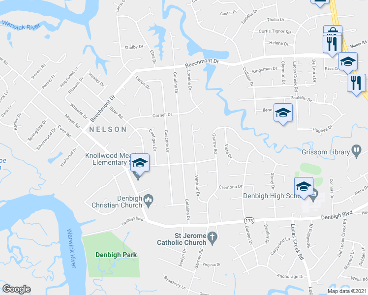map of restaurants, bars, coffee shops, grocery stores, and more near 848 Catalina Drive in Newport News