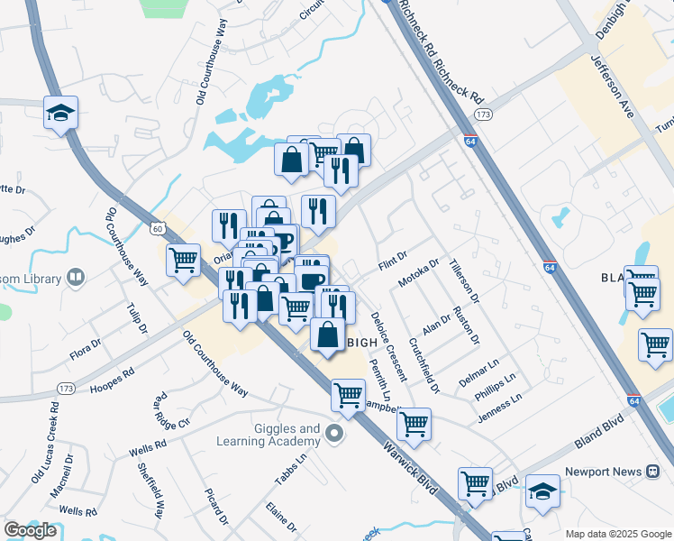 map of restaurants, bars, coffee shops, grocery stores, and more near 14350 Deloice Crescent in Newport News