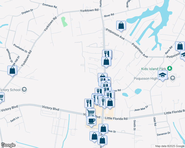 map of restaurants, bars, coffee shops, grocery stores, and more near 45 North Valasia Road in Poquoson