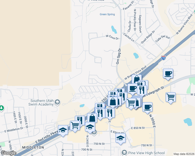 map of restaurants, bars, coffee shops, grocery stores, and more near 1050 West Red Hills Parkway in Washington
