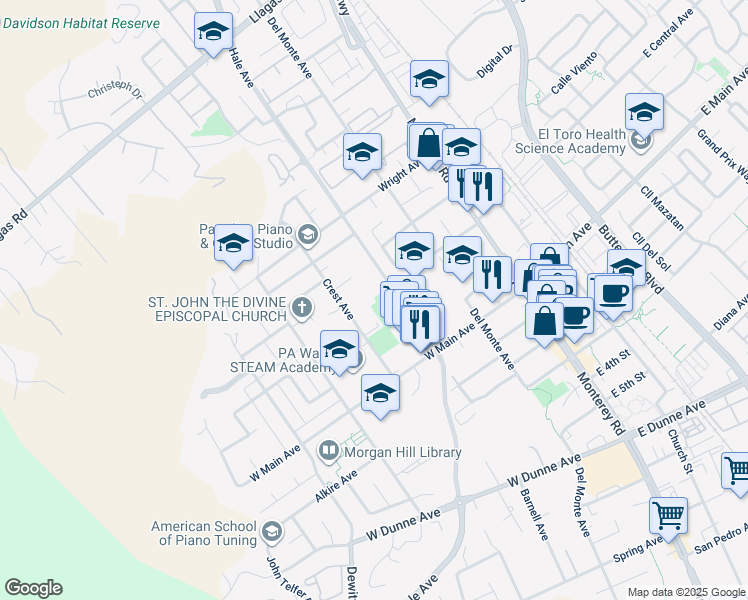 map of restaurants, bars, coffee shops, grocery stores, and more near 17666 Crest Avenue in Morgan Hill