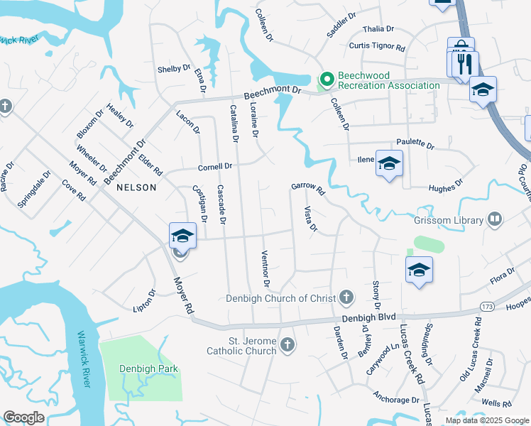 map of restaurants, bars, coffee shops, grocery stores, and more near 208 Meagan Court in Newport News