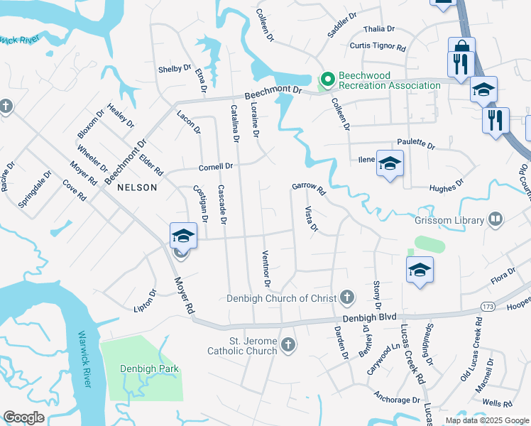 map of restaurants, bars, coffee shops, grocery stores, and more near 208 Meagan Court in Newport News