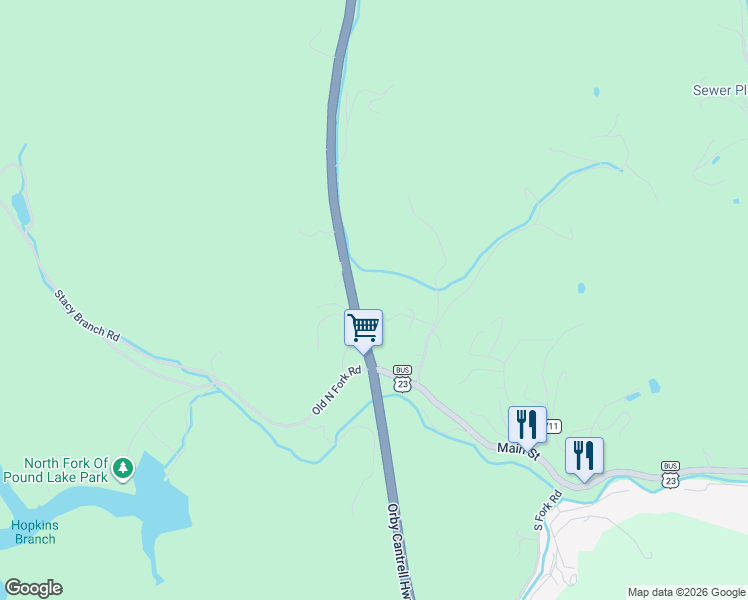 map of restaurants, bars, coffee shops, grocery stores, and more near 11500-11528 Orby Cantrell Highway in Pound