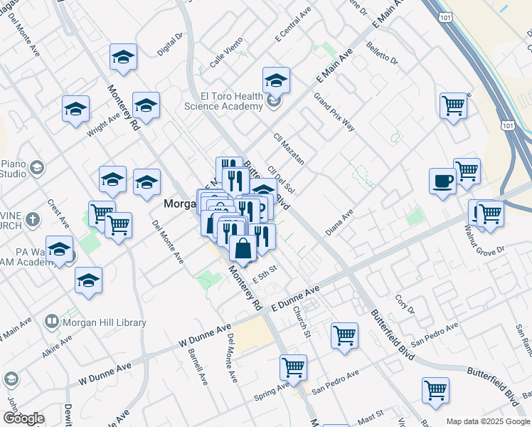 map of restaurants, bars, coffee shops, grocery stores, and more near in Morgan Hill