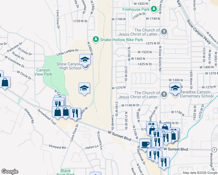 map of restaurants, bars, coffee shops, grocery stores, and more near 1225 North Dixie Downs Road in St. George